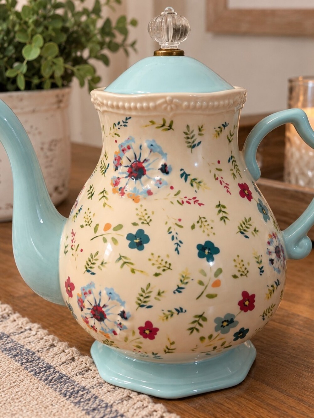 Pioneer Woman Kari 2.7 Qt Tea Pot 2017 Floral Aqua Blue Stoneware Crystal Knob